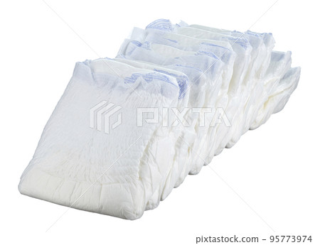 Diapers are white, large size, stacked diagonally shot isolated on a white background. Diapers are white, large size, stacked diagonally shot isolated on a white background. 95773974
