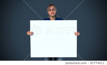 woman holding billboard blank copy space white board on blue background 3D illustration 95774811