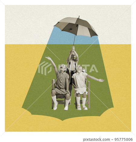 Happy mood. Art collage with cute school age kids under drawn rain isolated on minimal background. Childhood, education, studying, back to school concept. Copy space, ad. 95775806