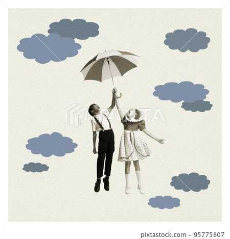 Happy mood. Art collage with cute school age kids under drawn rain isolated on minimal background. Childhood, education, studying, back to school concept. Copy space, ad. Happy mood. Art collage with cute school age kids under drawn rain isolated on minimal background. Childhood, education, studying, back to school concept. Copy space, ad. 95775807