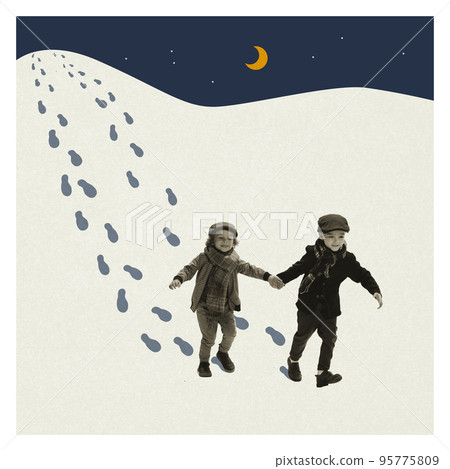 Happy mood. Art collage with cute school age kids running in the snow isolated on minimal background. Childhood, education, studying, back to school concept. Copy space, ad. Happy mood. Art collage with cute school age kids running in the snow isolated on minimal background. Childhood, education, studying, back to school concept. Copy space, ad. 95775809