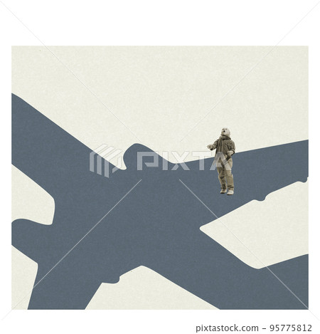 Contemporary art collage. Surprised little retro boy looking at a flying plane, having fun on minimal background. Concept of children, sport, creativity, design, education, childhood. Copy space 95775812