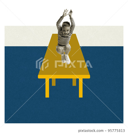 Contemporary art collage. Little retro boy playing, having fun isolated over color minimal background. Concept of funny children, sport, creativity, design, ad, childhood. Copy space Contemporary art collage. Little retro boy playing, having fun isolated over color minimal background. Concept of funny children, sport, creativity, design, ad, childhood. Copy space 95775813