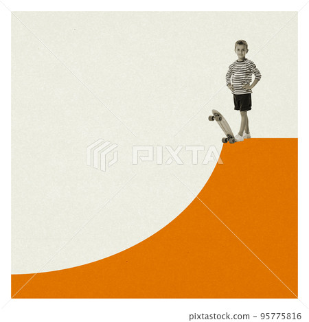 Contemporary art collage. Litlte retro boy with skate playing, having fun isolated over beige minimal background. Concept of funny children, sport, creativity, design, ad, childhood. Copy space Contemporary art collage. Litlte retro boy with skate playing, having fun isolated over beige minimal background. Concept of funny children, sport, creativity, design, ad, childhood. Copy space 95775816