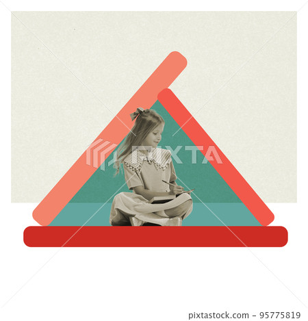 Contemporary art collage, creative design. Playful little girl with open book. Concept of childhood, education, creativity, study, homework. Retro style. Contemporary art collage, creative design. Playful little girl with open book. Concept of childhood, education, creativity, study, homework. Retro style. 95775819