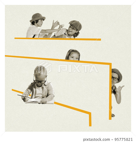 Playful little boys, girl with open book. Escaping homework reading. Concept of childhood, education, creativity, study, homework. Retro style. Poster, ad Playful little boys, girl with open book. Escaping homework reading. Concept of childhood, education, creativity, study, homework. Retro style. Poster, ad 95775821