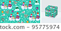 Seamless pattern with happy family snowman on green background. 95775974