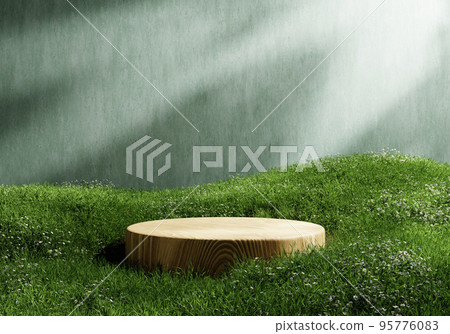 Wooden product display podium in green room with grass flowers and sunshine background. For one or single product presentation. Nature and Organic cosmetic and food concept. 3D illustration rendering 95776083