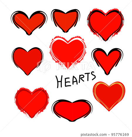 Set of flat red hearts with contours. Symbol of love and fidelity at a wedding or Valentine's Day. Vector illustration. 95776169
