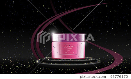 Realistic cream jar on pedestal with sequins on black background, banner with copy space for cosmetology and skincare. Advertisement layout beauty product. Vector illustration. 95776170