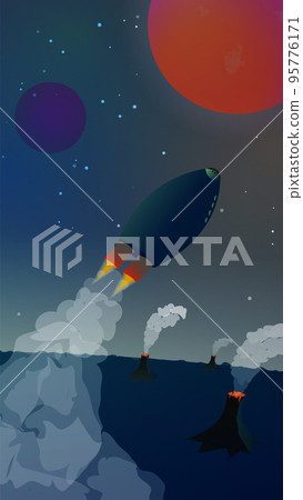 Space landscape with a spaceship flying away from the planet with volcanoes to the red planet. Beautiful smoke from rockets and volcanoes. Starry sky. Space flight. Vertical vector illustration Space landscape with a spaceship flying away from the planet with volcanoes to the red planet. Beautiful smoke from rockets and volcanoes. Starry sky. Space flight. Vertical vector illustration 95776171