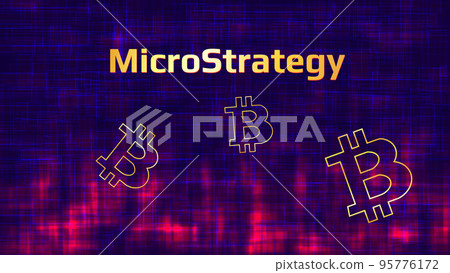Banner MicroStrategy Incorporated on dark abstract background with Bitcoin symbols and red glow. Company that buys bitcoins and other digital coins and pushes the market up. Vector illustration. Banner MicroStrategy Incorporated on dark abstract background with Bitcoin symbols and red glow. Company that buys bitcoins and other digital coins and pushes the market up. Vector illustration. 95776172