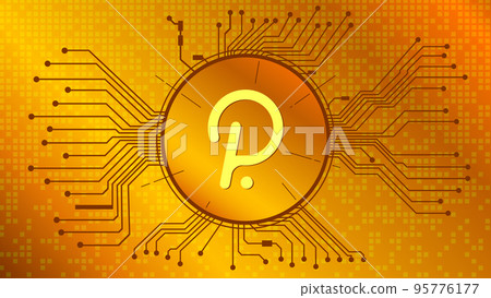 Polkadot cryptocurrency token symbol, DOT coin icon in circle with pcb on gold background. Vector illustration in techno style for website or banner. 95776177