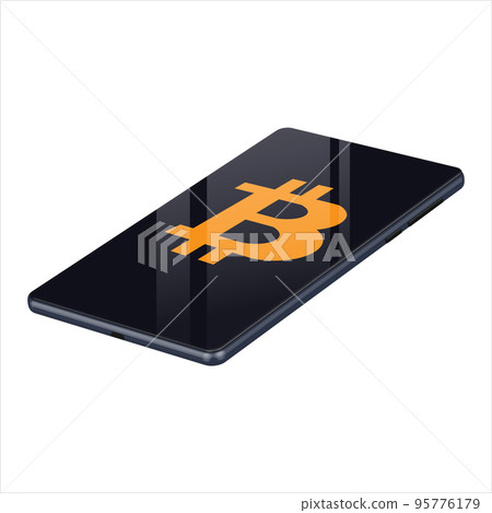 Realistic mobile phone with Bitcoin BTC coin symbol image isolated on white. Vector illustration. Realistic mobile phone with Bitcoin BTC coin symbol image isolated on white. Vector illustration. 95776179