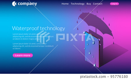 Waterproof smartphone website template with isometric phone under umbrella on blue background. Copy space for hot offer with button and top menu. Vector illustration. Waterproof smartphone website template with isometric phone under umbrella on blue background. Copy space for hot offer with button and top menu. Vector illustration. 95776180
