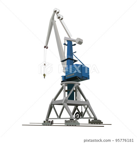 Port crane for loading and unloading cargo ships. Flat design. Isolated vector EPS10. Port crane for loading and unloading cargo ships. Flat design. Isolated vector EPS10. 95776181