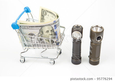 different flashlight in a grocery basket with dollars on a white background different flashlight in a grocery basket with dollars on a white background 95776294