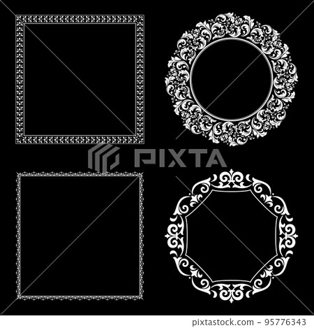Set of decorative frames Elegant vector element for design in Eastern style, place for text. Floral black and white borders. Lace illustration for invitations and greeting cards. Set of decorative frames Elegant vector element for design in Eastern style, place for text. Floral black and white borders. Lace illustration for invitations and greeting cards. 95776343