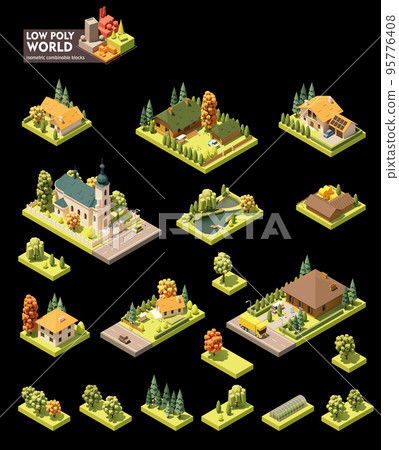 Vector isometric town map elements. Buildings and trees 95776408