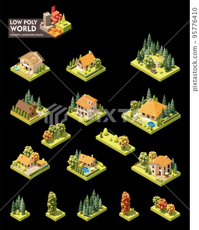 Vector isometric town map elements. Buildings and trees 95776410