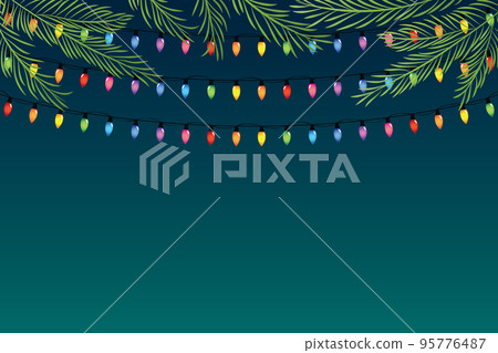 christmas greeting card with colorful shiny fairy lights and fir branches 95776487