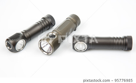 different lanterns flashlight on a white background. item for camping and household life. 95776985