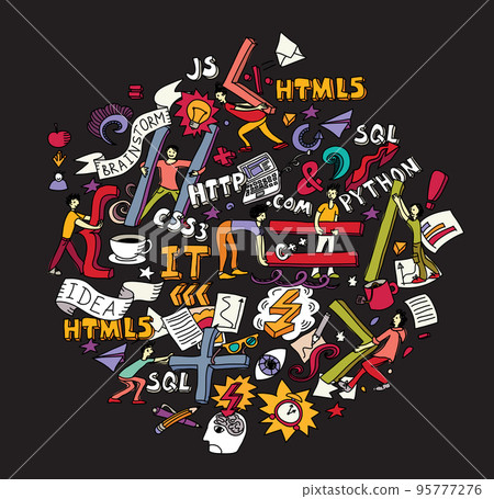 IT-specialists team work write code symbols round doodles IT-specialists team work write code symbols round doodles 95777276