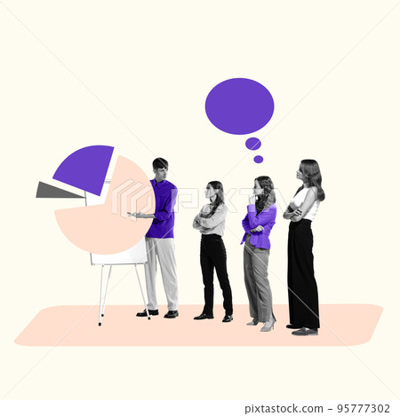 Creative conceptual design. Young man, coach, mentor, teacher having offline lesson with trainees, showing diagrams Creative conceptual design. Young man, coach, mentor, teacher having offline lesson with trainees, showing diagrams 95777302