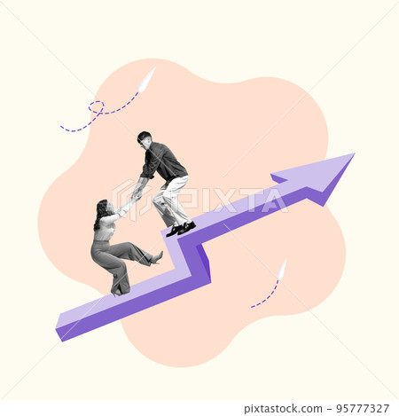 Creative conceptual design. People, employees standing on arrow going upwards. Man helping woman to make another step forward Creative conceptual design. People, employees standing on arrow going upwards. Man helping woman to make another step forward 95777327