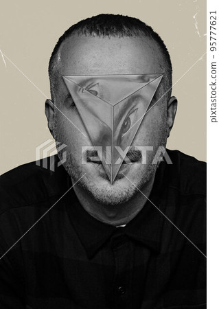 Contemporary art collage. Creative design. Male face with triangle design of mirror reflection of face parts 95777621