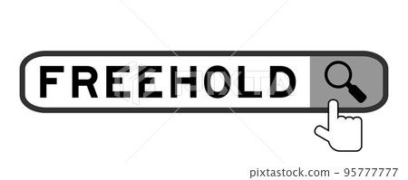 Search banner in word freehold with hand over magnifier icon on white background 95777777