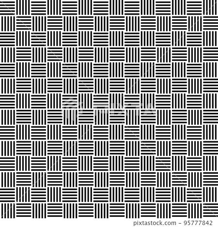 Woven pattern, seamless tile and repeated background motif, with a weave motif, made of horizontal and vertical alternating arranged stripes. Black and white illustration, isolated over white. Vector 95777842