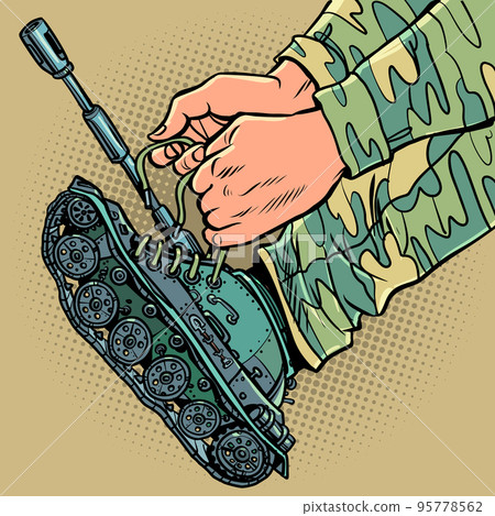 A uniformed soldier puts on tanks instead of boots. Concept army war mobilization A uniformed soldier puts on tanks instead of boots. Concept army war mobilization 95778562
