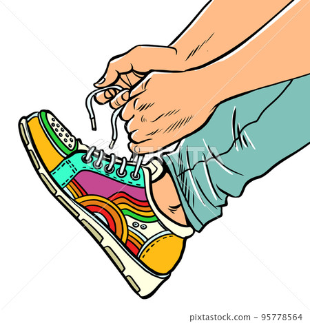 A teenager puts on sneakers, close-up, bright sports youth urban shoes A teenager puts on sneakers, close-up, bright sports youth urban shoes 95778564