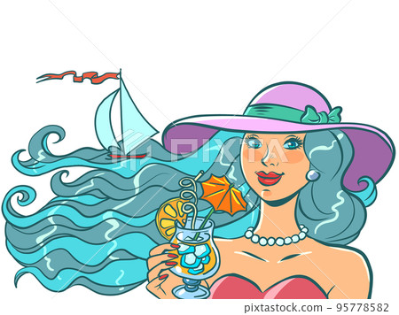 woman at seaside resort drinking tropical cocktail cool drink, sea and sailing yacht woman at seaside resort drinking tropical cocktail cool drink, sea and sailing yacht 95778582