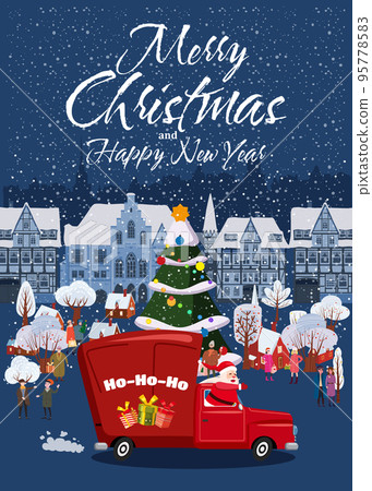 Merry Chistmas Poster Santa Claus drives an old retro car, truck 95778583