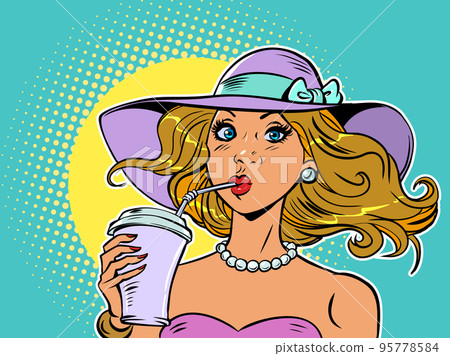 woman in summer drinking tropical cocktail cool drink, sunhat 95778584