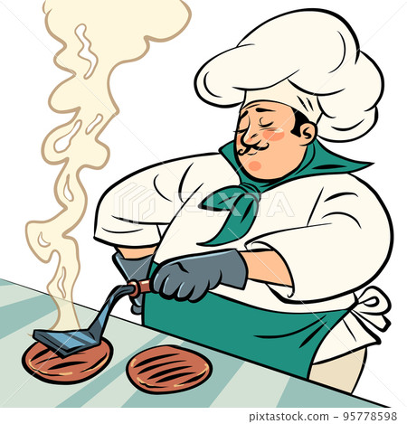 chef man frying cutlets for burger, fast food restaurant street cooking 95778598