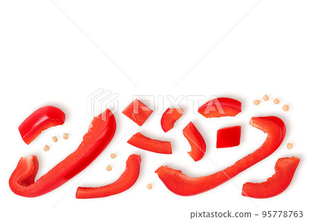 slices of red sweet bell pepper isolated on white background. Top view with copy space for your text. Flat lay 95778763