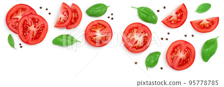 Tomato slices with basil and peppercorns isolated on white background. Clipping path. Top view with copy space for your text. Flat lay Tomato slices with basil and peppercorns isolated on white background. Clipping path. Top view with copy space for your text. Flat lay 95778785
