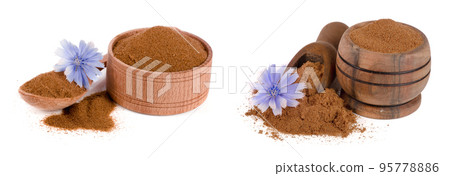chicory flower and powder of instant chicory isolated on a white background. Cichorium intybus. 95778886