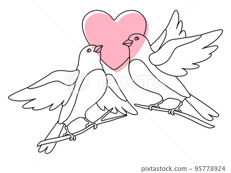 Illustration of cute birds with heart and sitting on branch. Image of birdies in simple style. 95778924