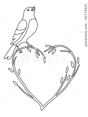 Illustration of cute bird singing and sitting on branch. Image of birdie in simple style. 95778925