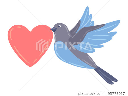Illustration of cute flying bird and holding heart. Image of birdie in simple style. 95778937