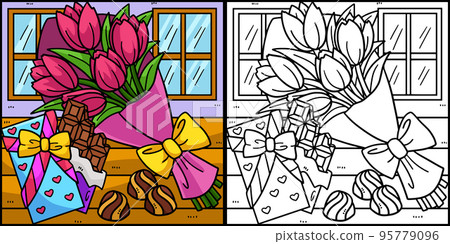 Bouquet of Flowers and Chocolates Coloring Page Bouquet of Flowers and Chocolates Coloring Page 95779096