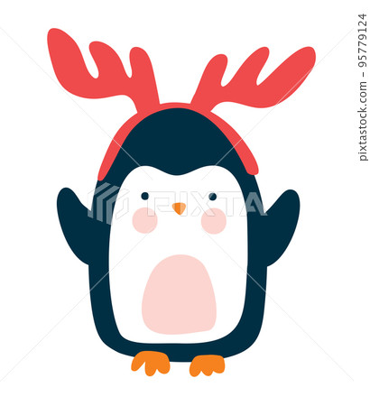 Cute christmas baby vector winter penguin with deer horns as hat in cartoon style. Isolated on white background flat holiday illustration Cute christmas baby vector winter penguin with deer horns as hat in cartoon style. Isolated on white background flat holiday illustration 95779124