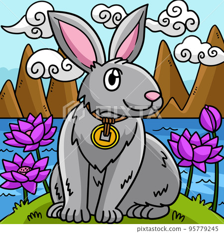 Rabbit in Lotus Garden Colored Cartoon  95779245
