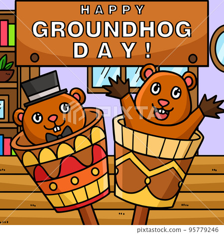 Happy Groundhog Day Colored Cartoon Illustration 95779246