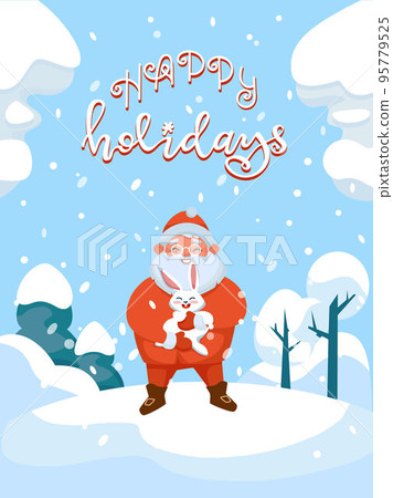 Smiling Santa Claus Holds Rabbit Winter Greetings Smiling Santa Claus Holds Rabbit Winter Greetings 95779525