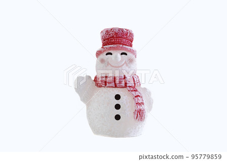 Happy snowman standing isolated on white background. Merry christmas and happy new year greeting card. Funny snowman in hat on snowy background. Copy space for text Happy snowman standing isolated on white background. Merry christmas and happy new year greeting card. Funny snowman in hat on snowy background. Copy space for text 95779859